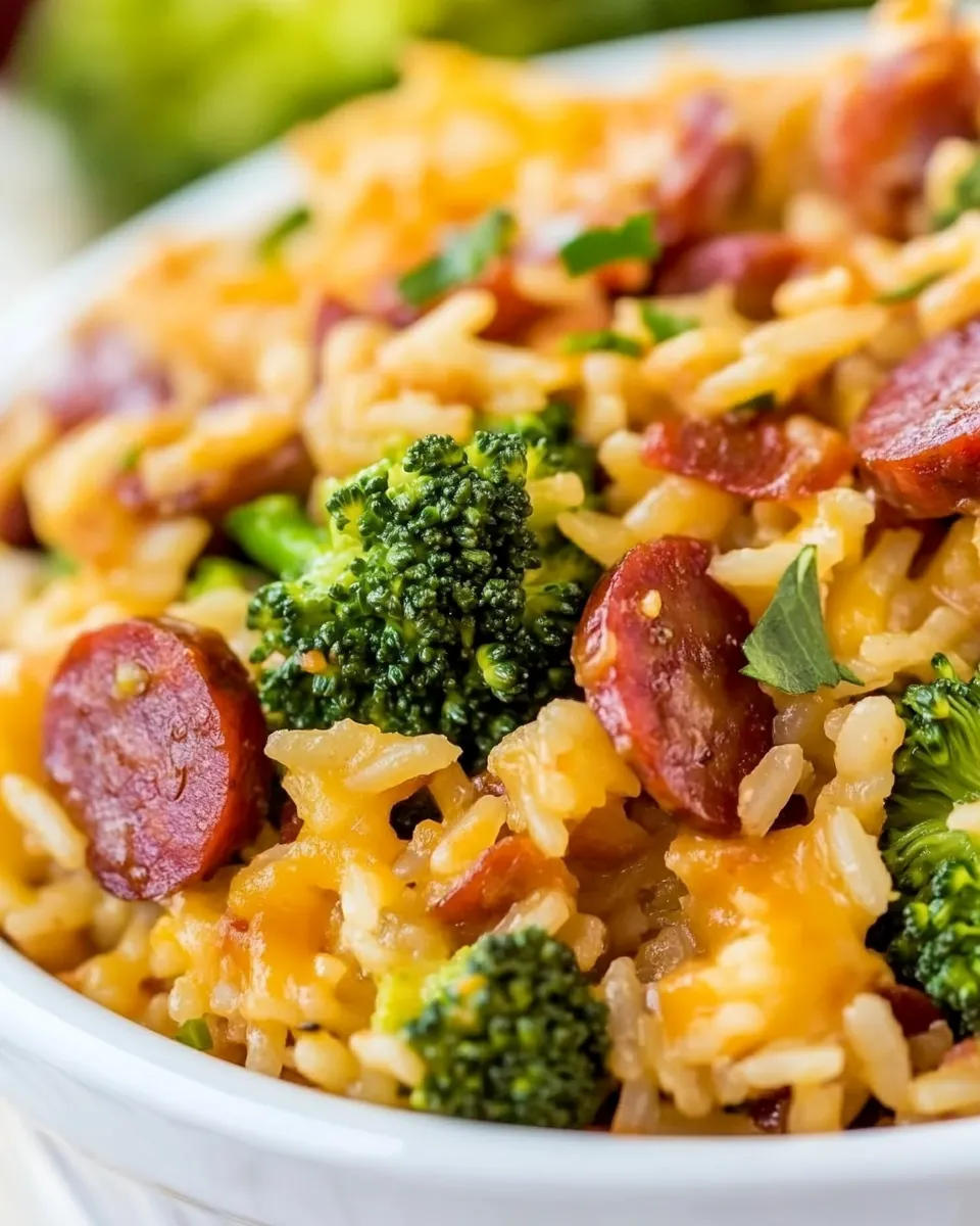 Delicious Cheesy Kielbasa Rice and Broccoli Skillet image