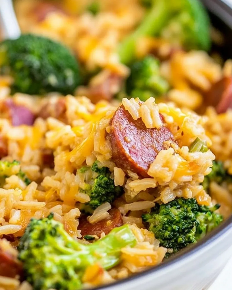 Healthy Cheesy Kielbasa Rice and Broccoli Skillet dish photo