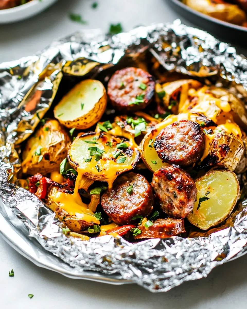 Easy Cheesy Sausage Potato Foil Packets recipe photo