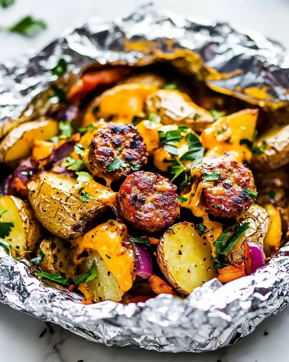Delicious Cheesy Sausage Potato Foil Packets shot