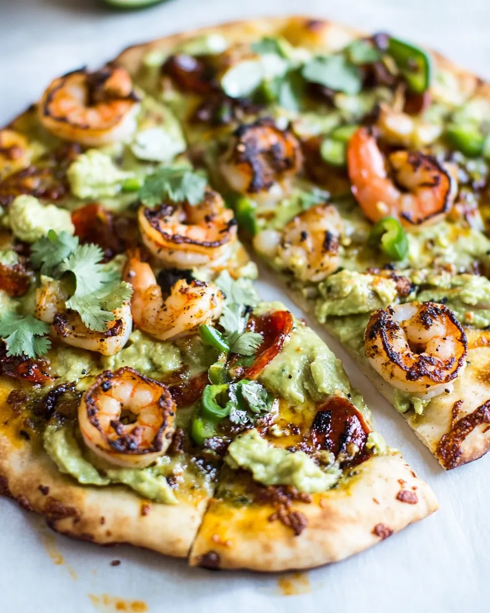 Perfect Chipotle Cajun Shrimp and Guacamole Pizza. recipe image