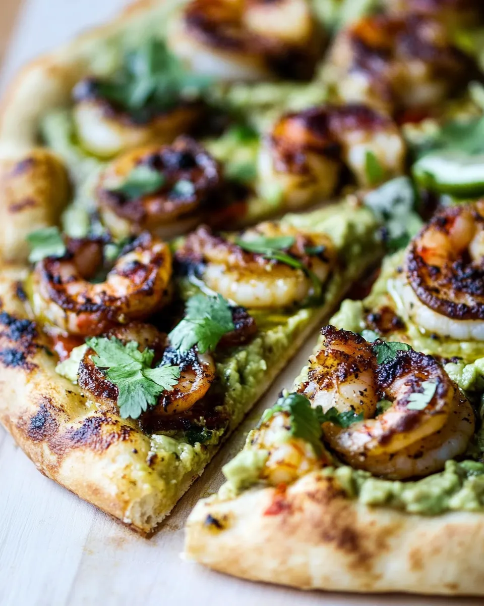 Amazing Chipotle Cajun Shrimp and Guacamole Pizza. shot