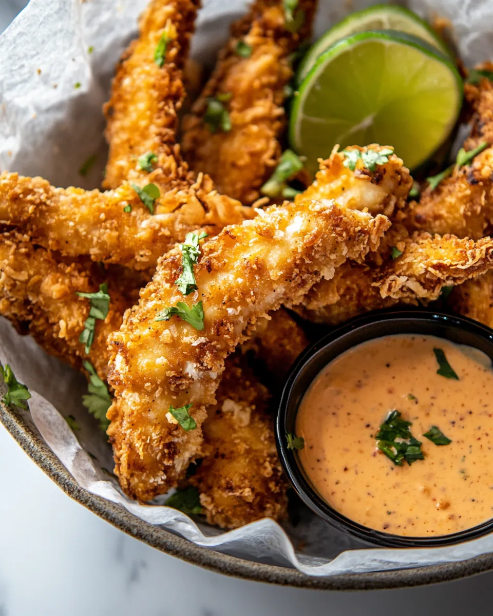 Easy Coconut Chicken Fingers with Bang Bang Sauce. shot