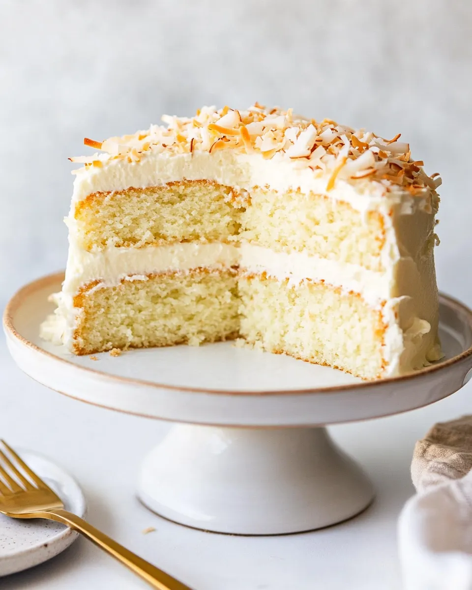 Delicious Coconut Cream Cake with Coconut Cream Cheese Frosting shot