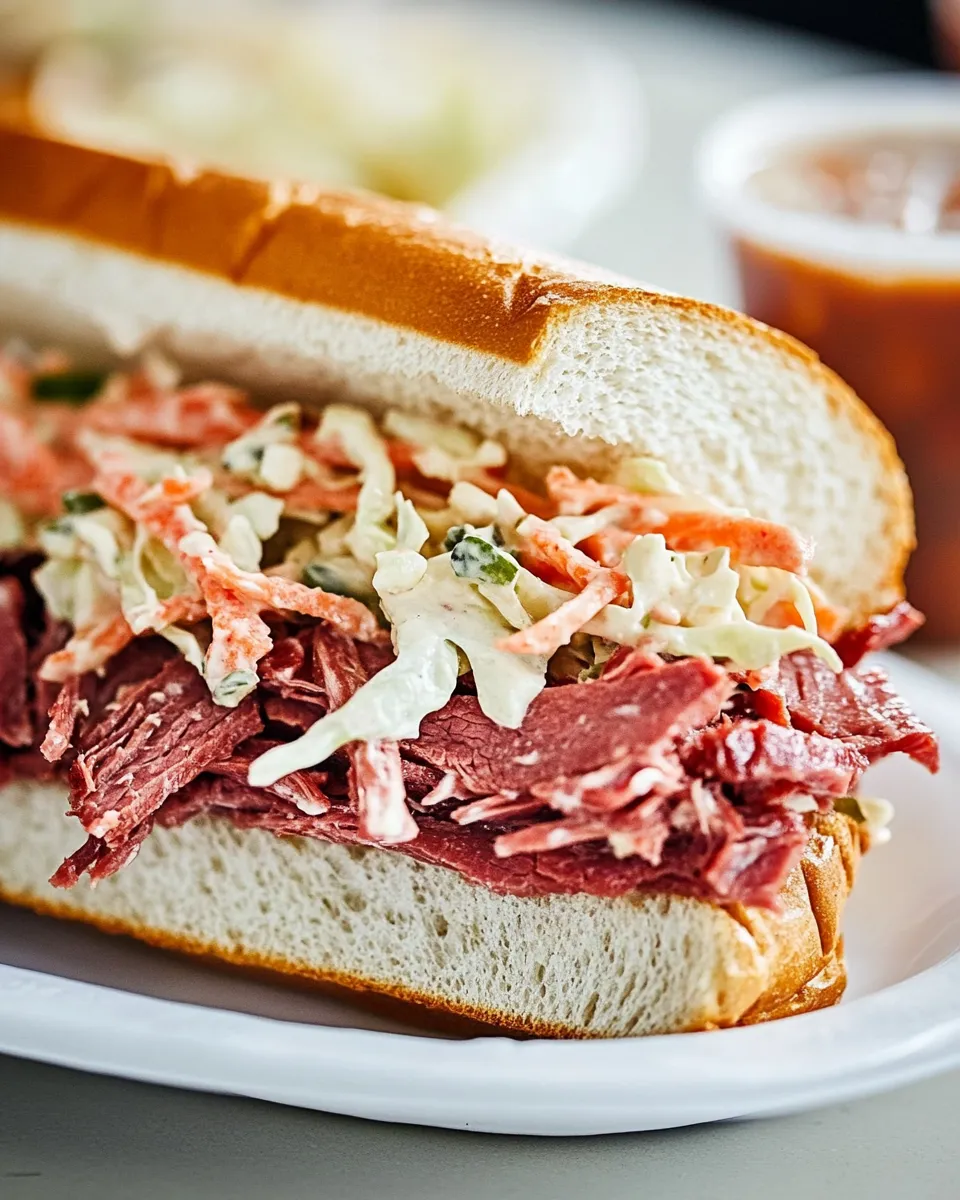Delicious Corned Beef Sandwich with Coleslaw and Russian Dressing shot