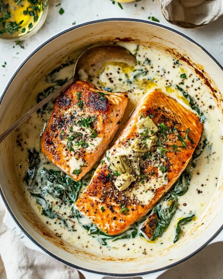 Easy Creamy Spinach and Artichoke Salmon. dish image