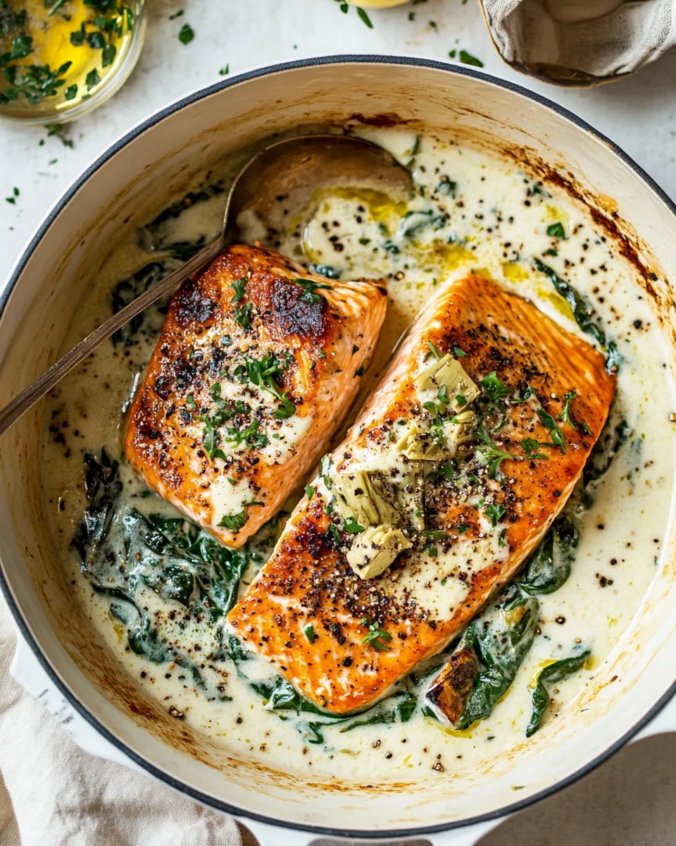 Easy Creamy Spinach and Artichoke Salmon. dish image