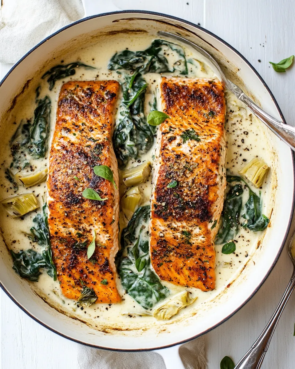 Homemade Creamy Spinach and Artichoke Salmon. food shot