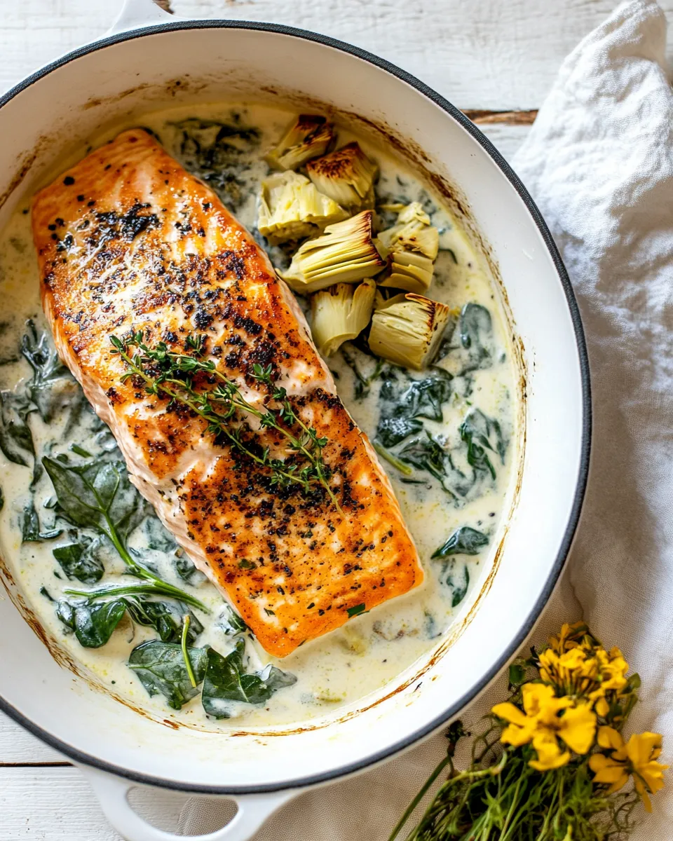 Fresh Creamy Spinach and Artichoke Salmon. shot