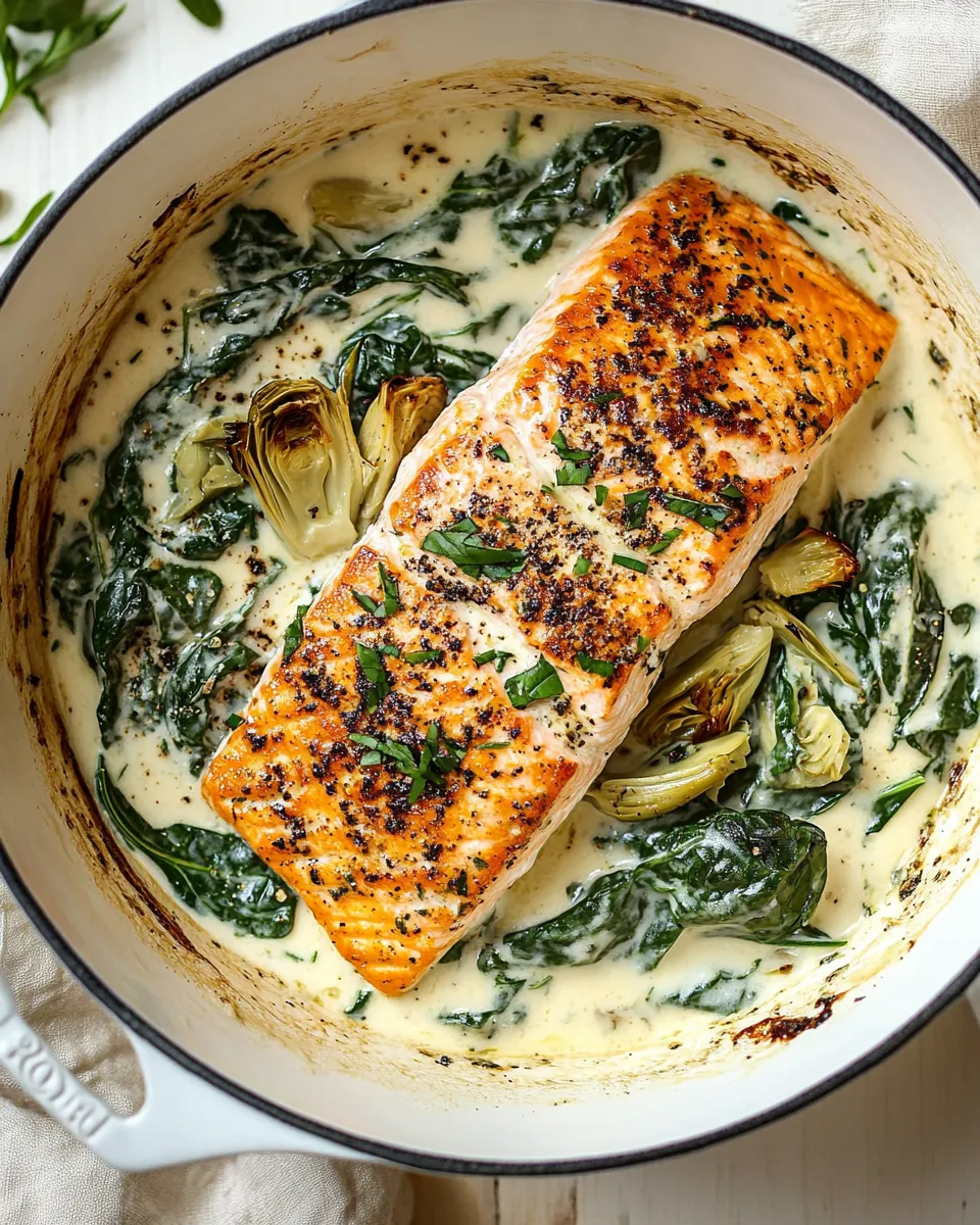 Perfect Creamy Spinach and Artichoke Salmon. food shot