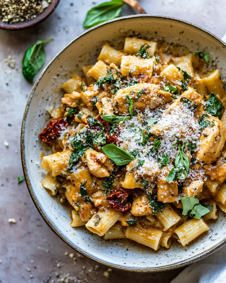 Delicious Creamy Sun-Dried Tomato Chicken Pasta. food shot