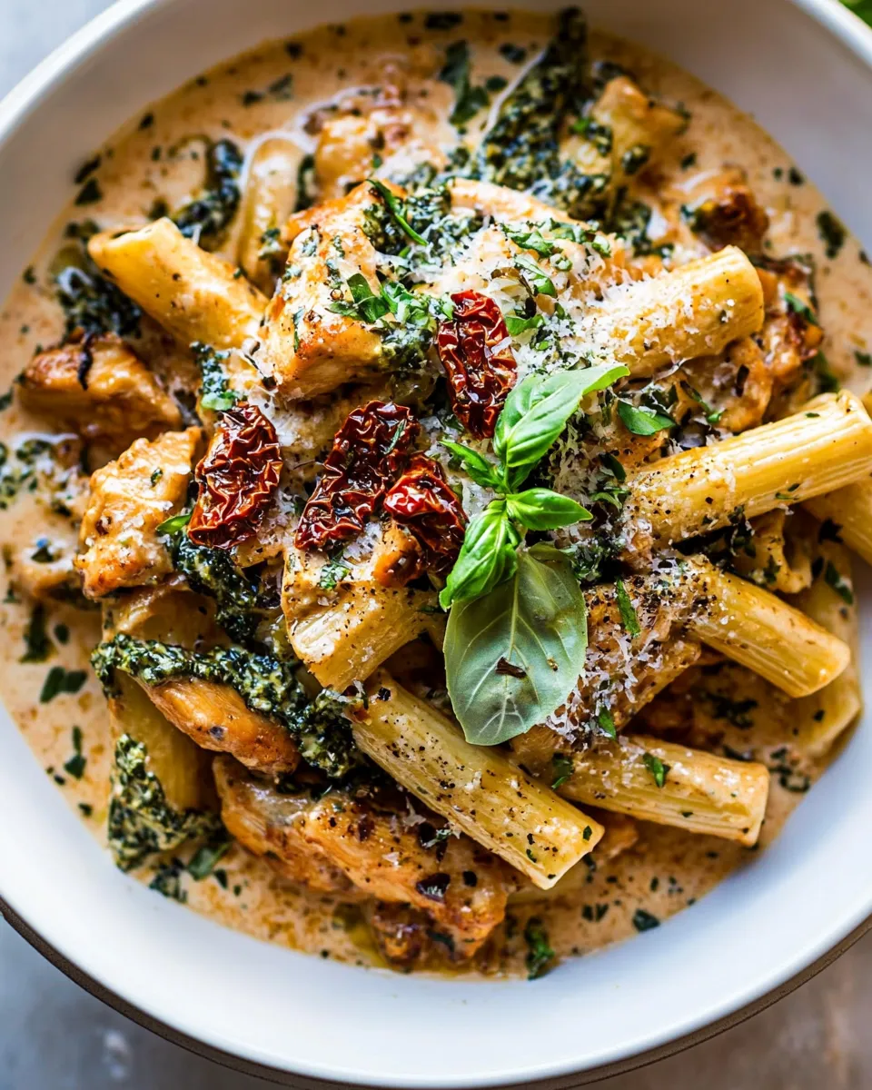 Homemade Creamy Sun-Dried Tomato Chicken Pasta. food shot