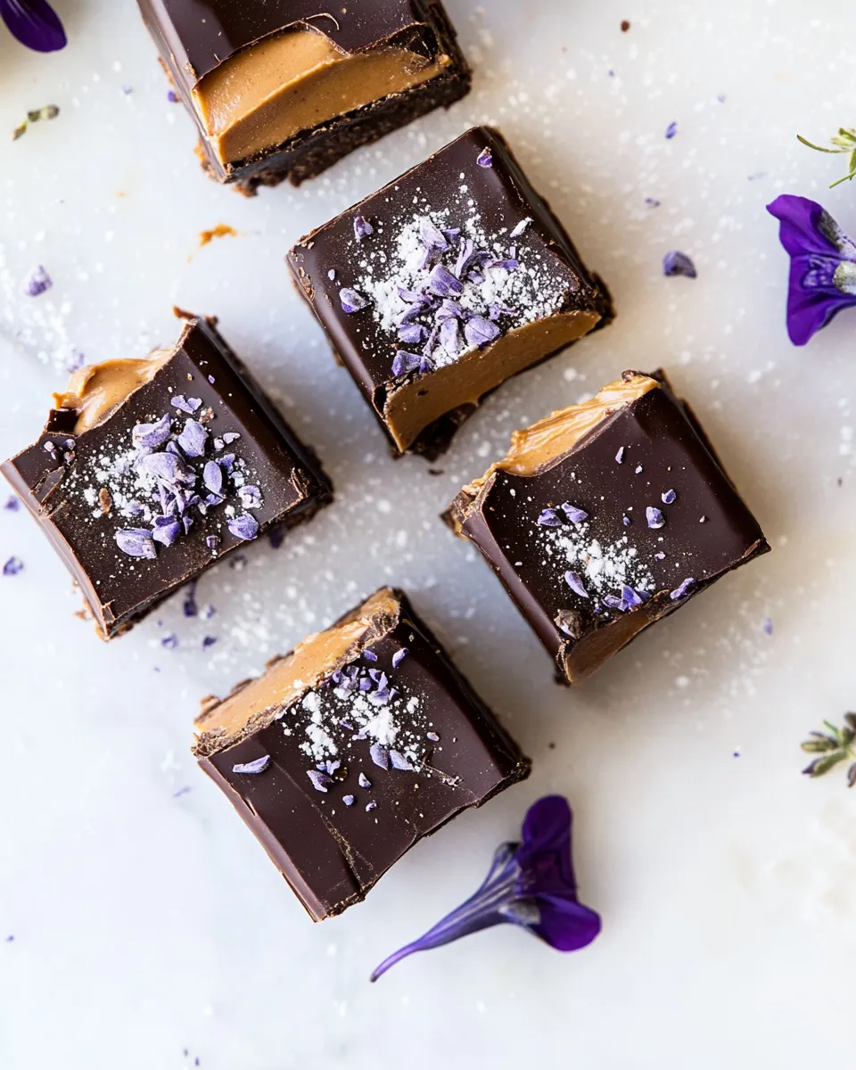 Delicious Creamy Vegan Chocolate Peanut Butter Fudge Bars. food shot