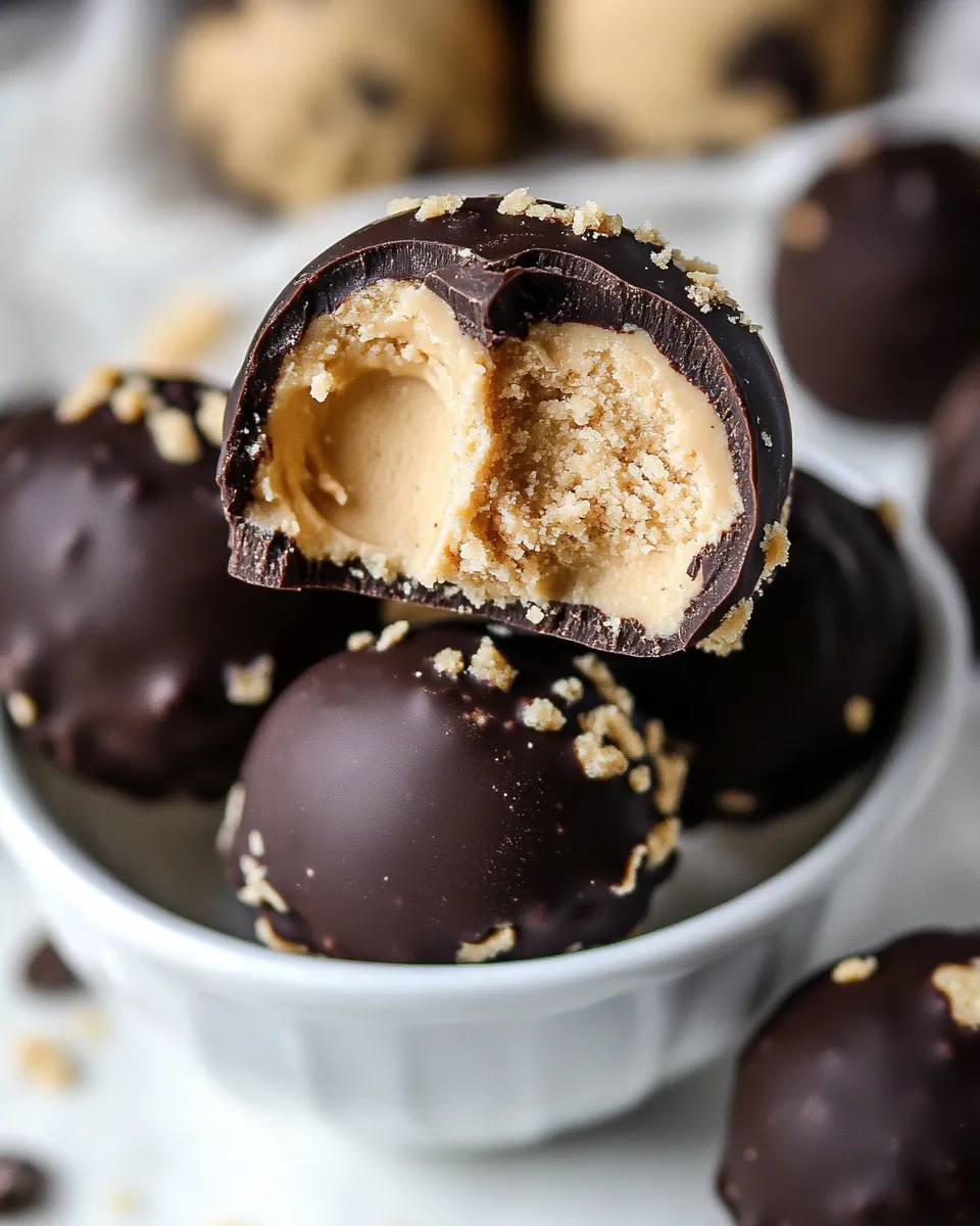 Sweet Crispy Chocolate Peanut Butter Cookie Dough Truffles. food shot