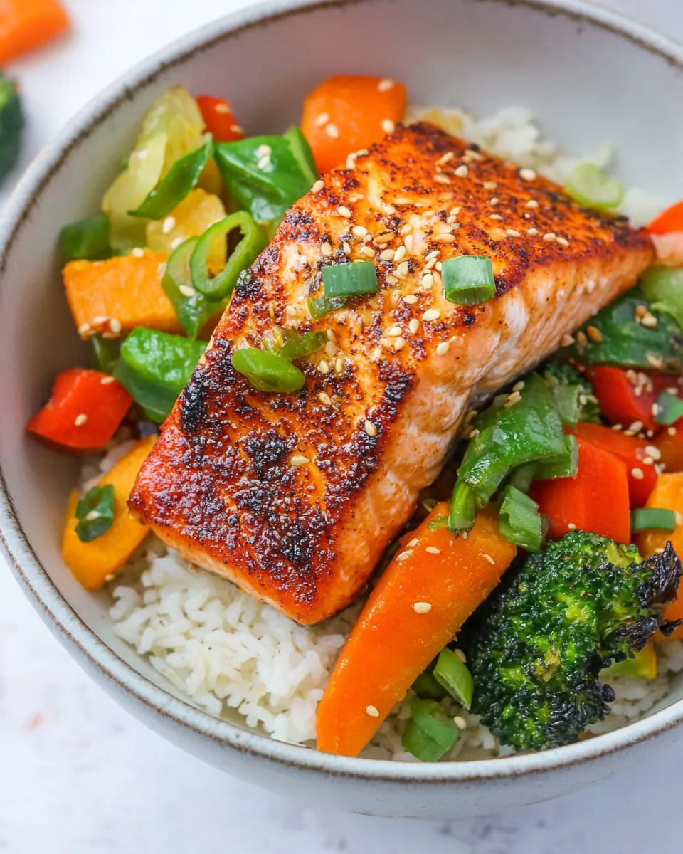Delicious Crispy Paprika Salmon Bowls with Ginger Vegetables & Rice image