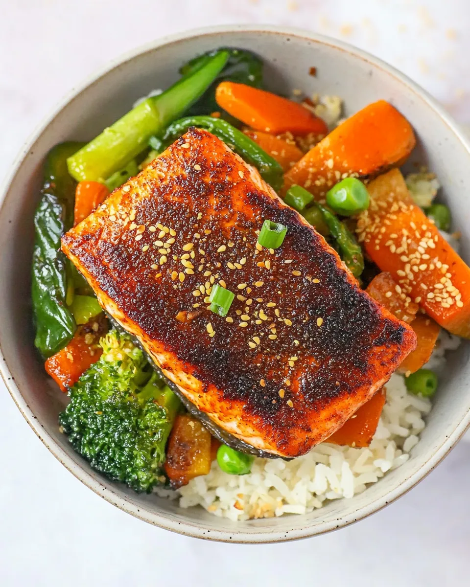 Easy Crispy Paprika Salmon Bowls with Ginger Vegetables & Rice shot
