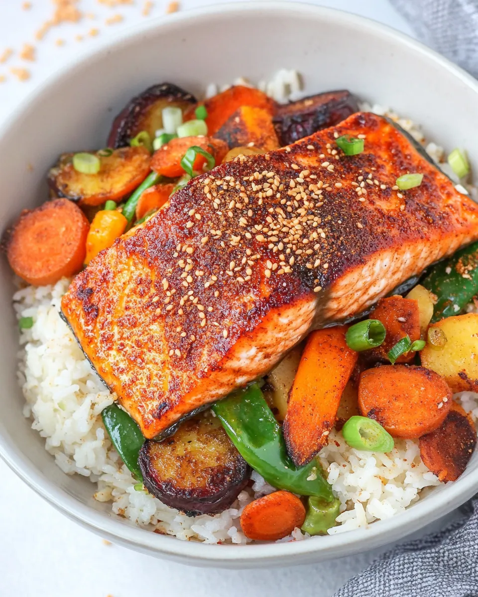 Healthy Crispy Paprika Salmon Bowls with Ginger Vegetables & Rice recipe photo
