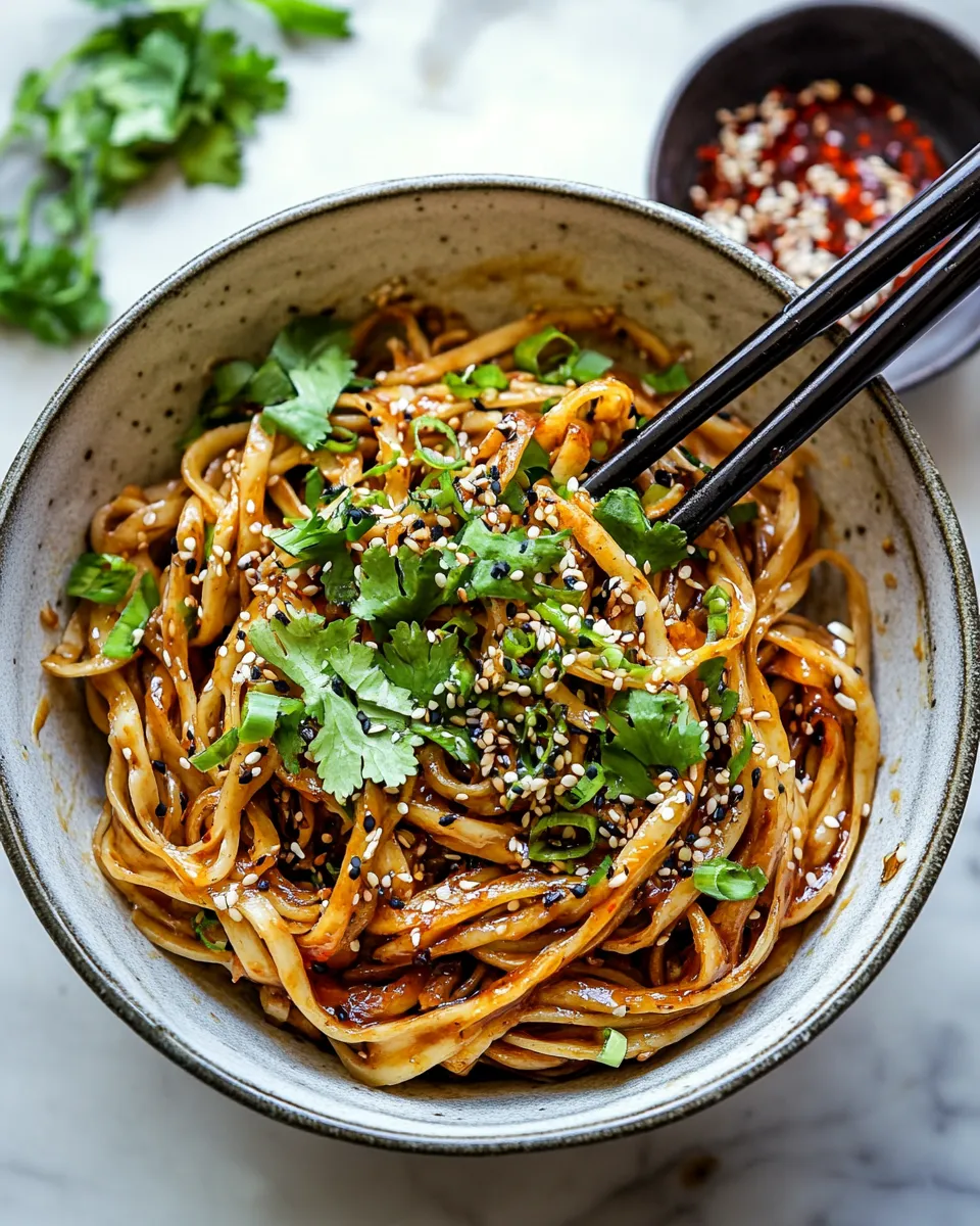 Delicious Crispy Sesame Garlic Chili Oil Noodles. shot