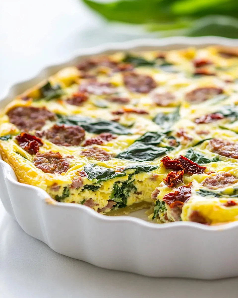 Savory Crustless Quiche Recipe (Spinach, Sausage, and Sun-Dried Tomatoes) shot