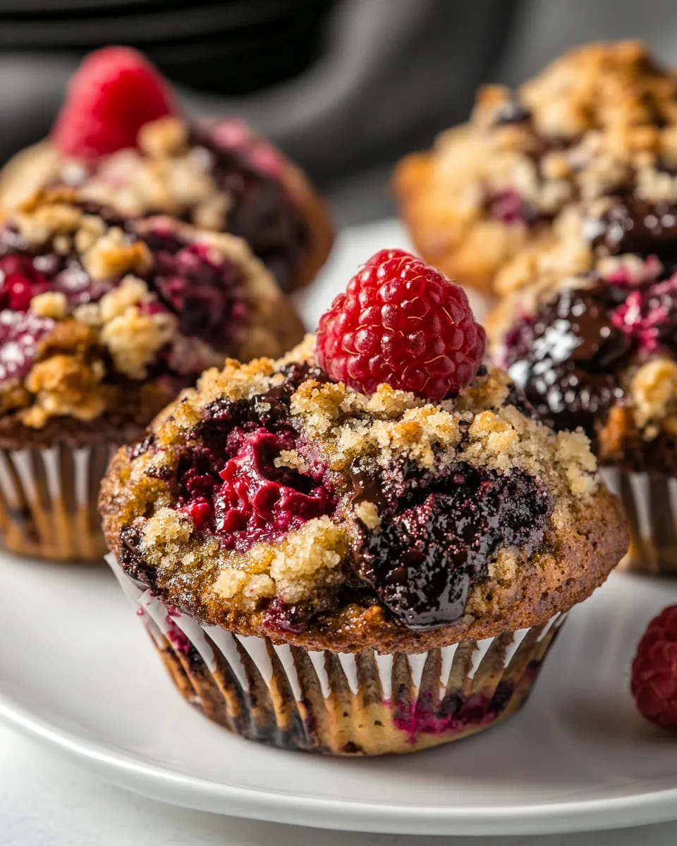 Homemade Dark Chocolate Chunk Raspberry Crumb Muffins photo