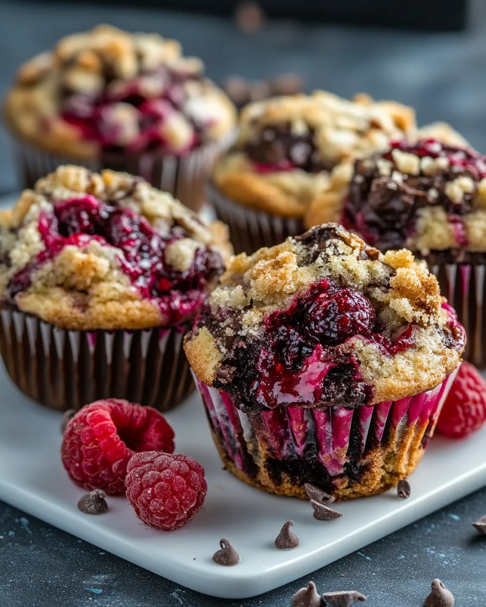 Easy Dark Chocolate Chunk Raspberry Crumb Muffins shot