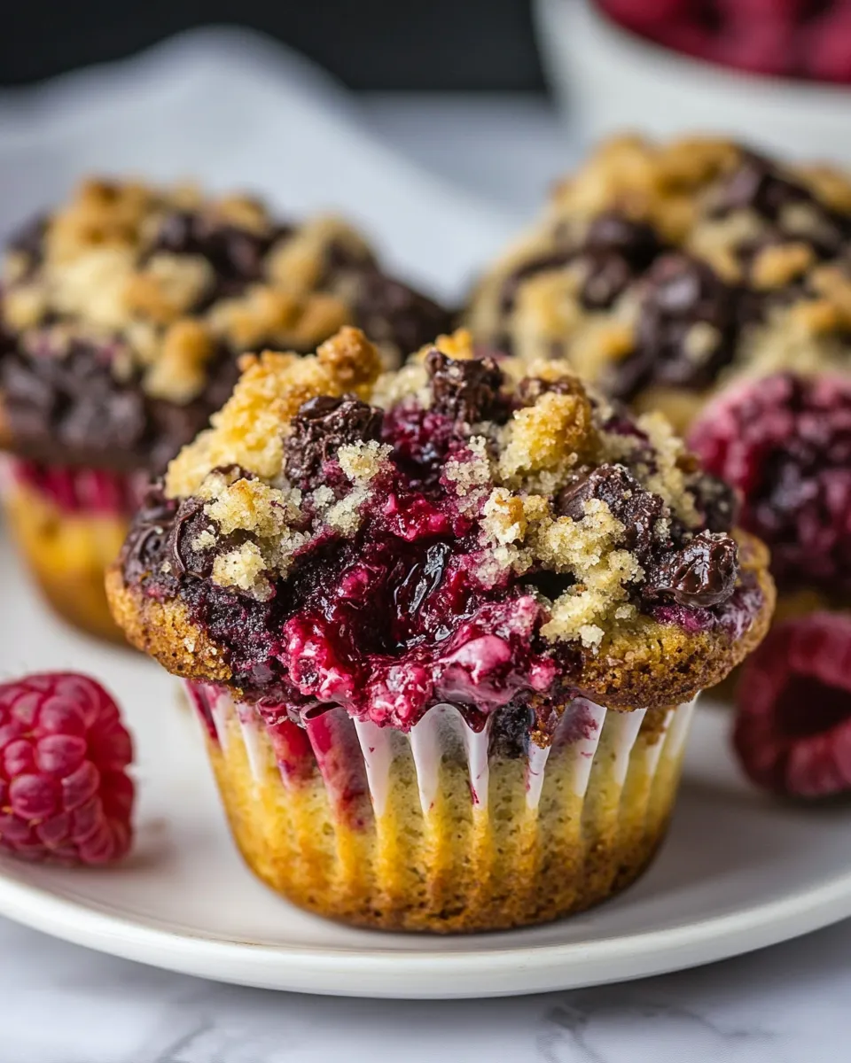 Delicious Dark Chocolate Chunk Raspberry Crumb Muffins recipe photo