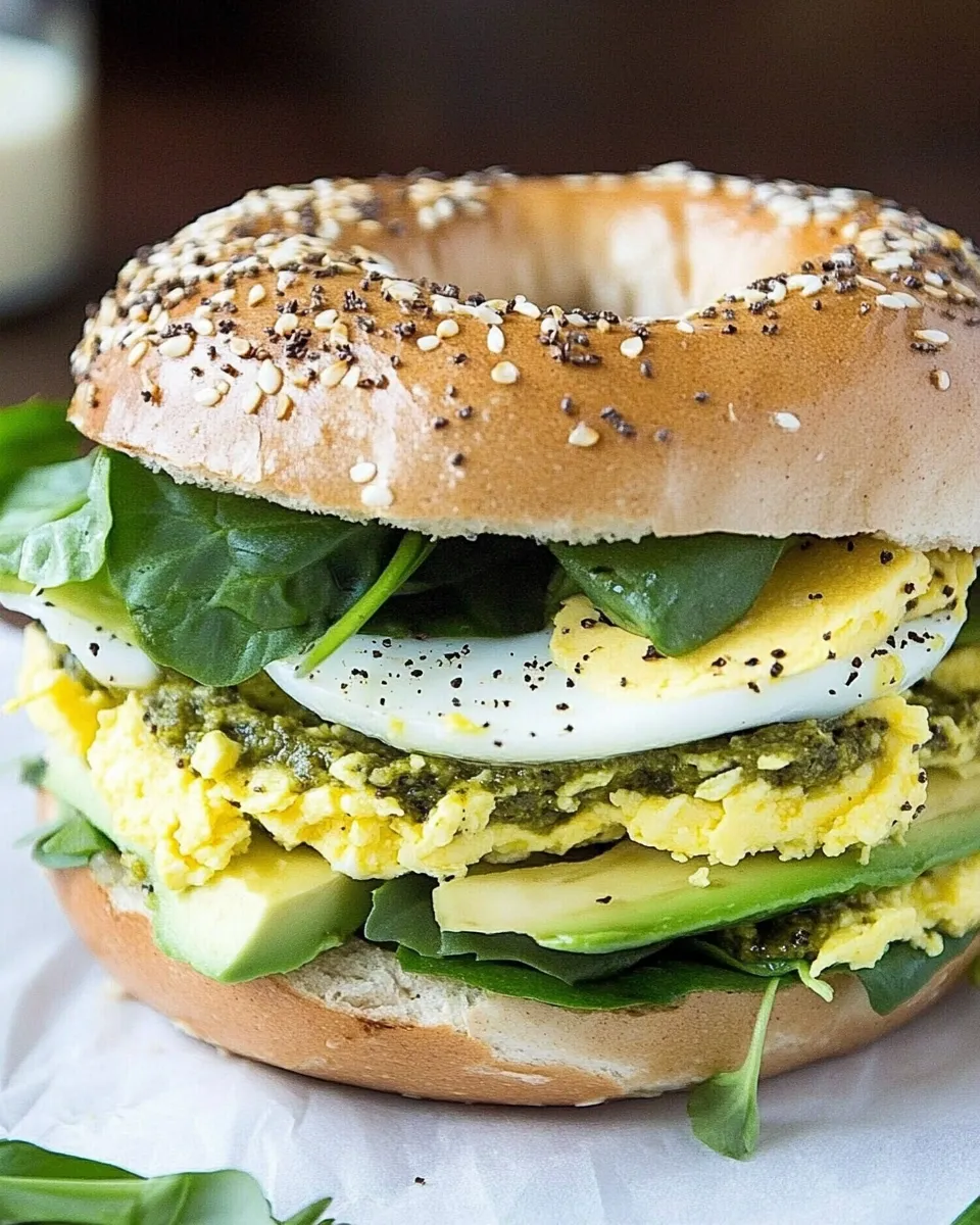 Homemade Egg, Avocado, and Pesto Bagel Sandwich photo