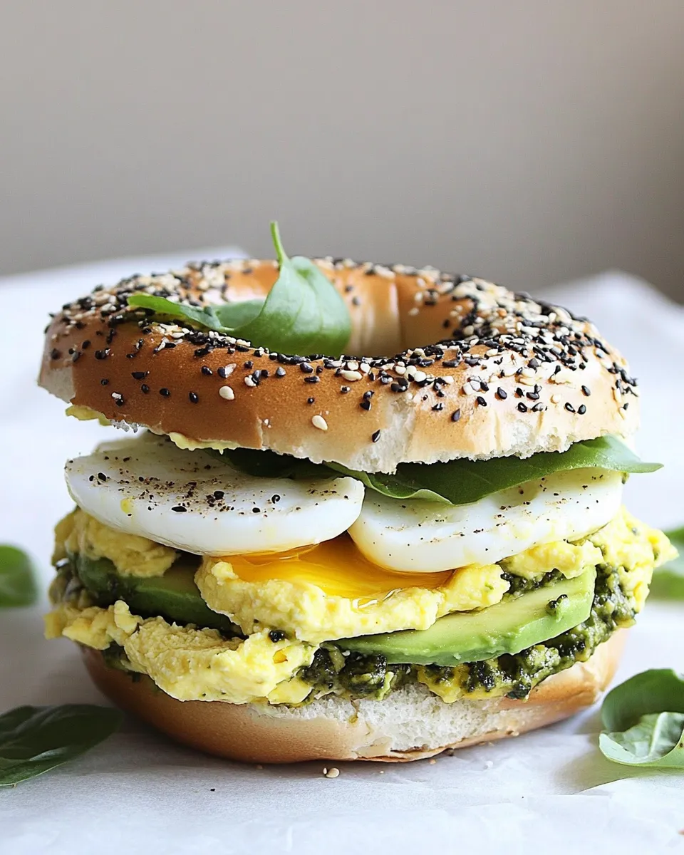 Delicious Egg, Avocado, and Pesto Bagel Sandwich shot