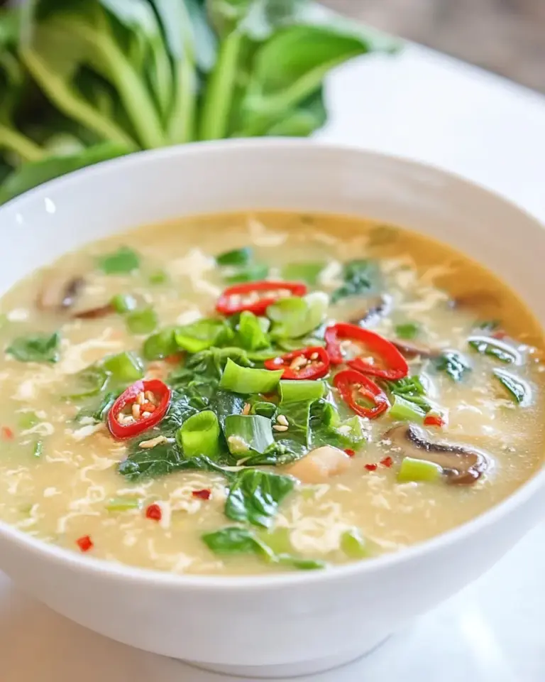 Homemade Egg Drop Soup with Bok Choy and Mushrooms photo