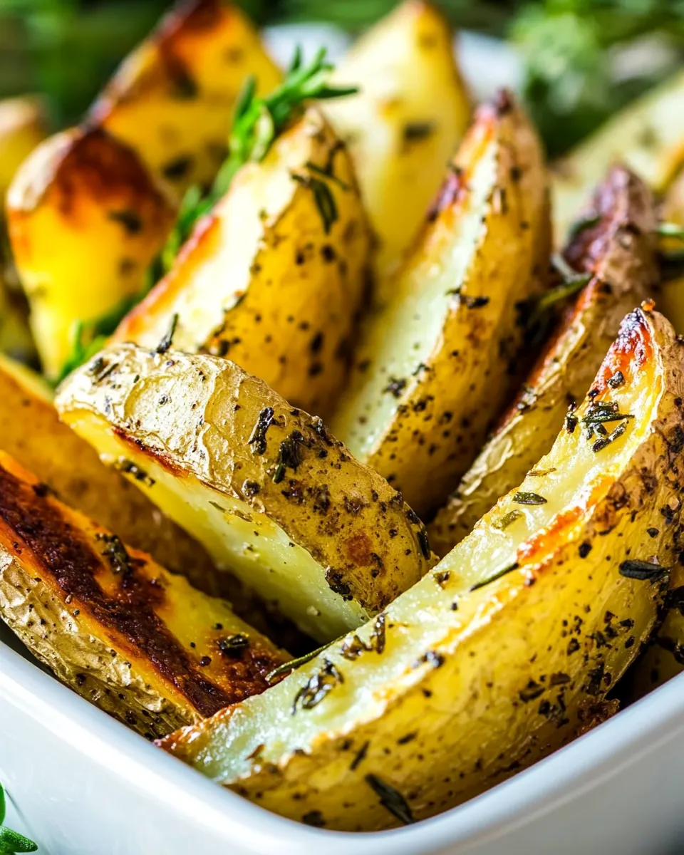 Delicious Extra Crispy Baked Garlic & Herb Potato Wedges food shot