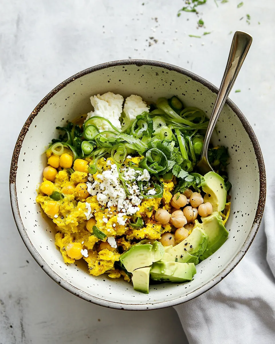 Homemade Farro Breakfast Bowl with Turmeric & Scallion Scrambled Chickpeas photo
