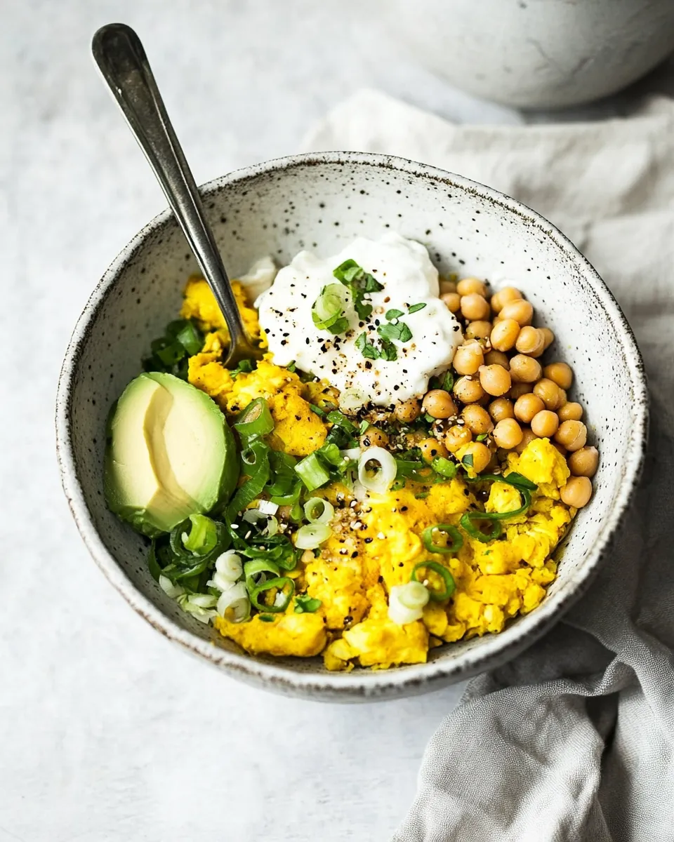 Delicious Farro Breakfast Bowl with Turmeric & Scallion Scrambled Chickpeas shot