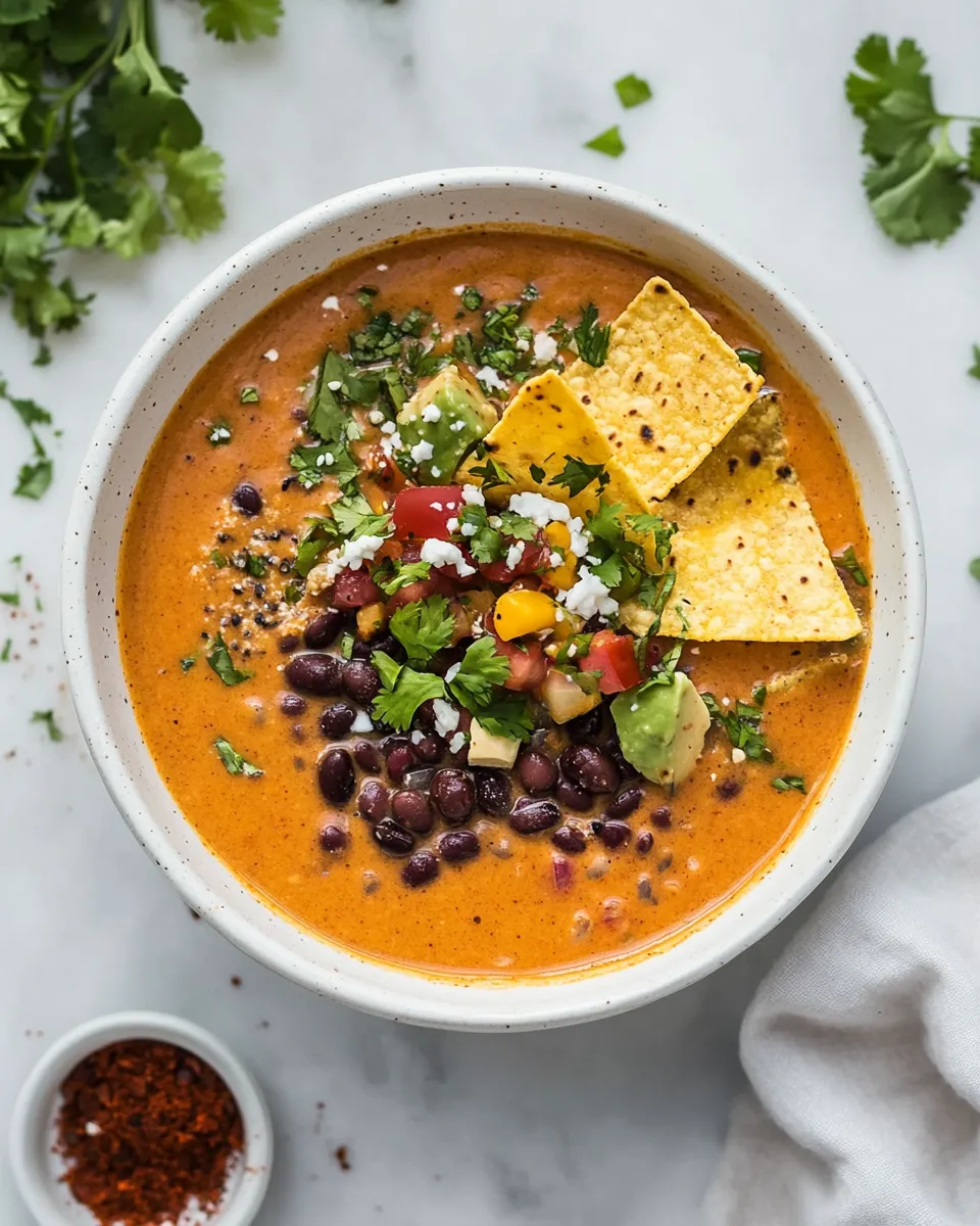 Classic Fire-Roasted Black Bean Tortilla Soup. food shot