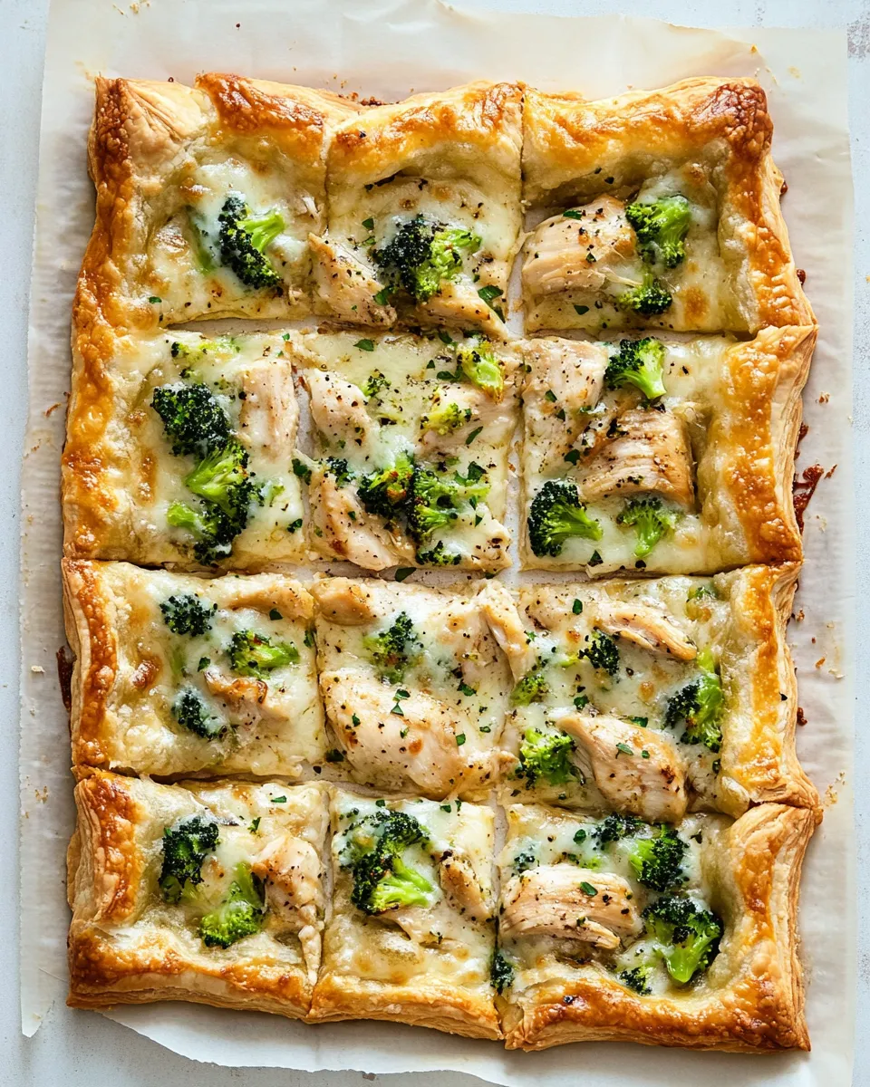 Quick Garlicky Grilled Chicken and Broccoli Puff Pastry Pizza. dish image