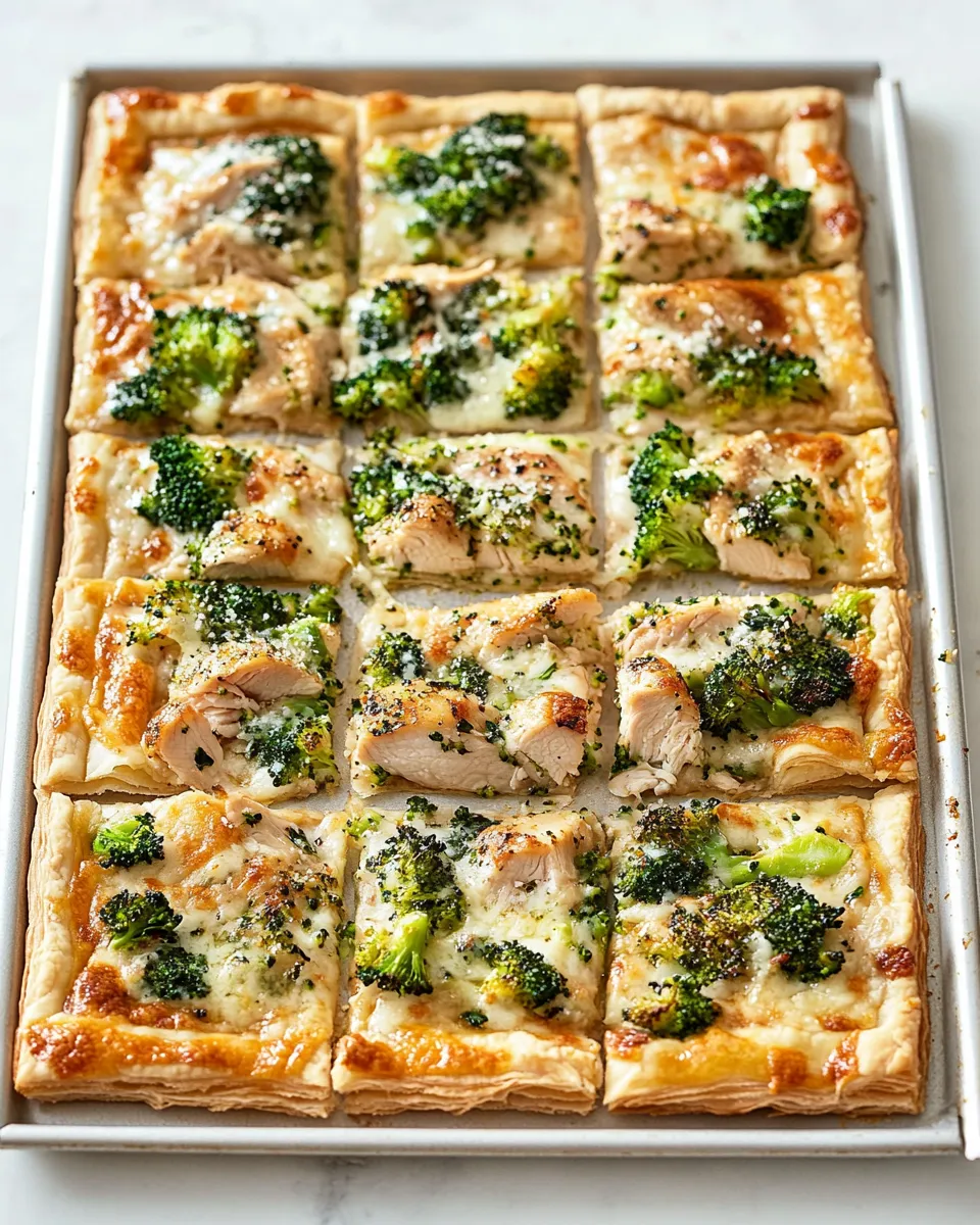 Simple Garlicky Grilled Chicken and Broccoli Puff Pastry Pizza. food shot