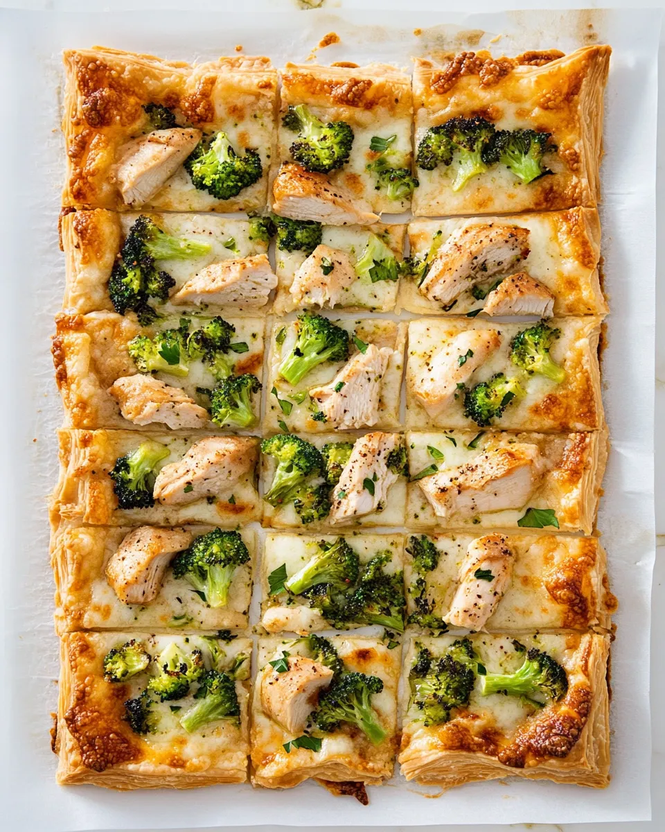 Quick Garlicky Grilled Chicken and Broccoli Puff Pastry Pizza. recipe photo