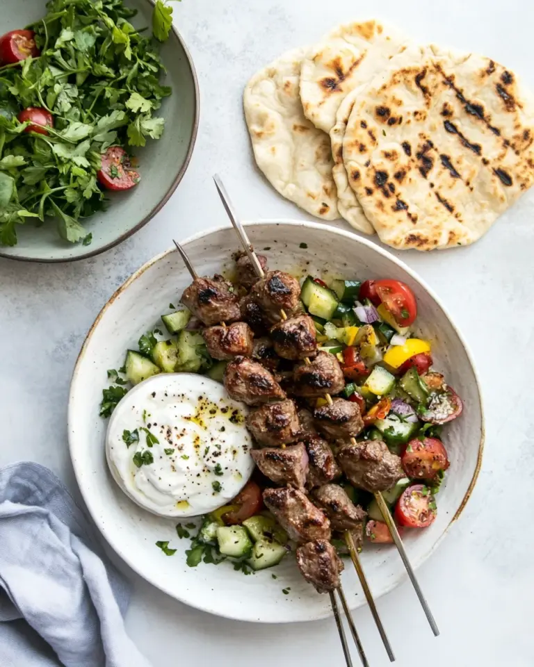 Homemade Greek lamb souvlaki and easy homemade pita photo