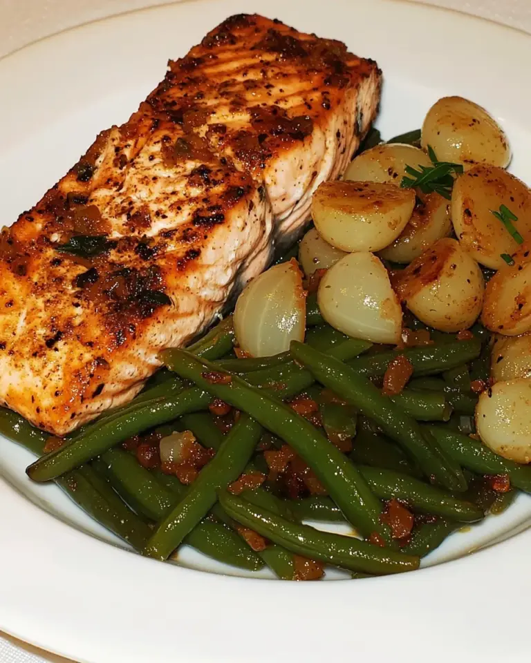 Homemade Green Beans with Pearl Onions and Salmon photo