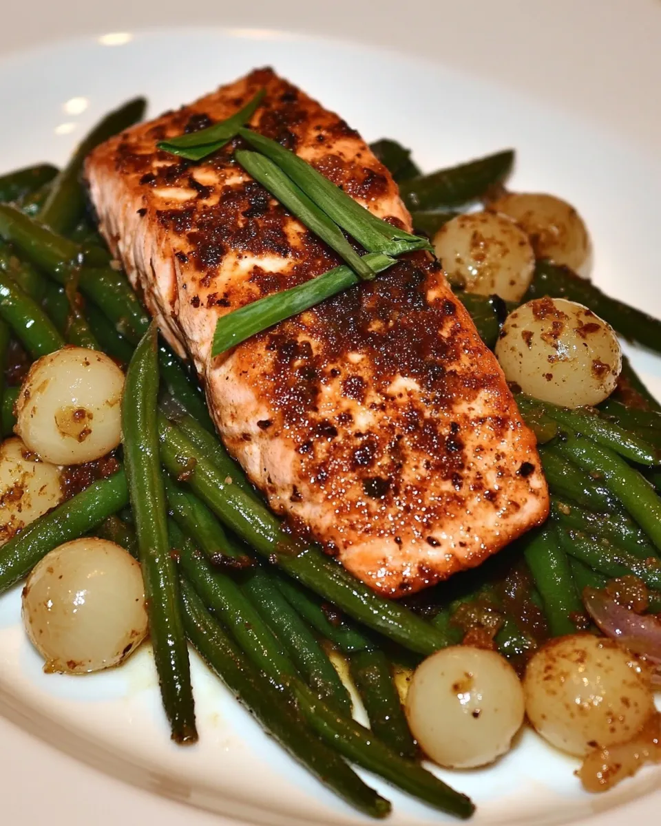 Classic Green Beans with Pearl Onions and Salmon image