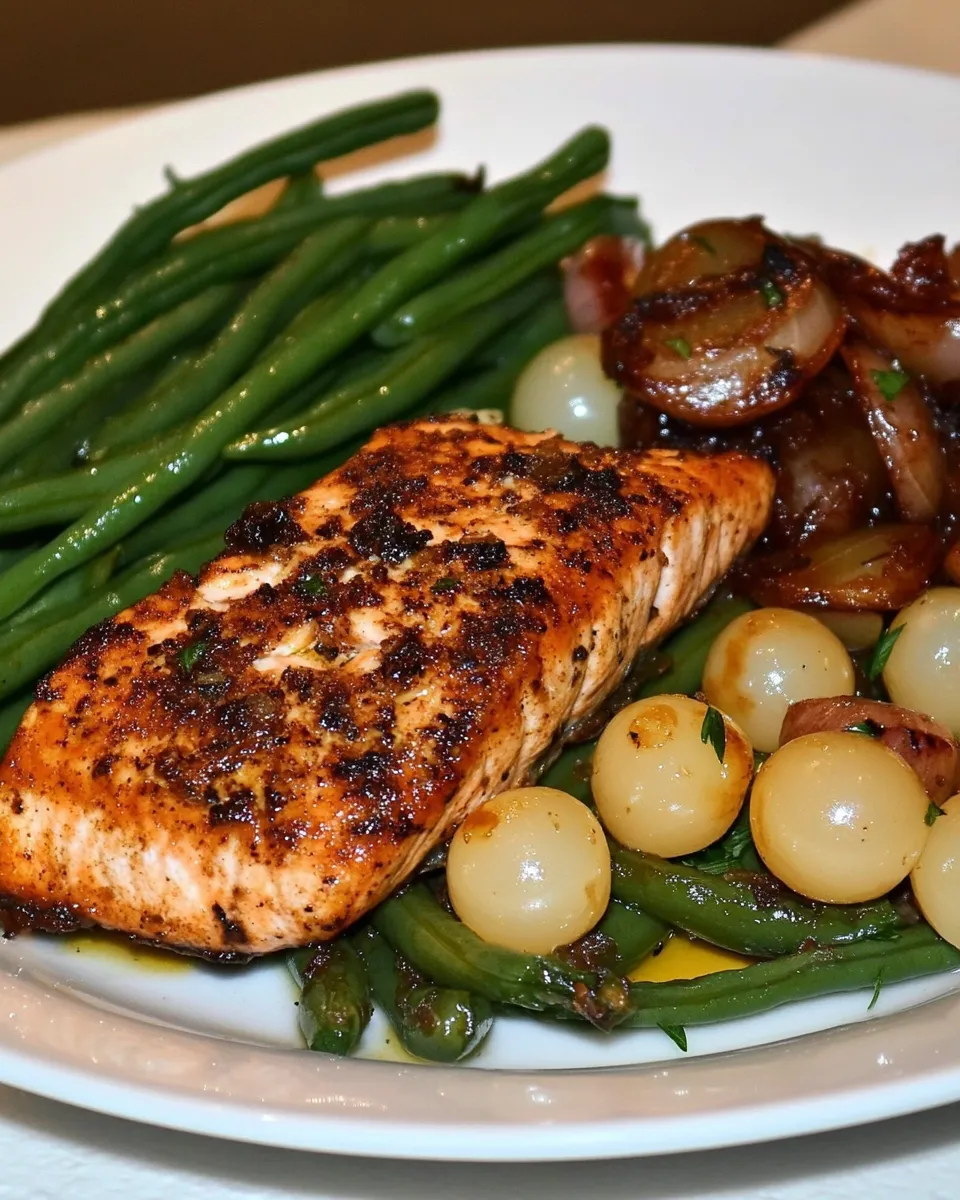 Easy Green Beans with Pearl Onions and Salmon recipe photo
