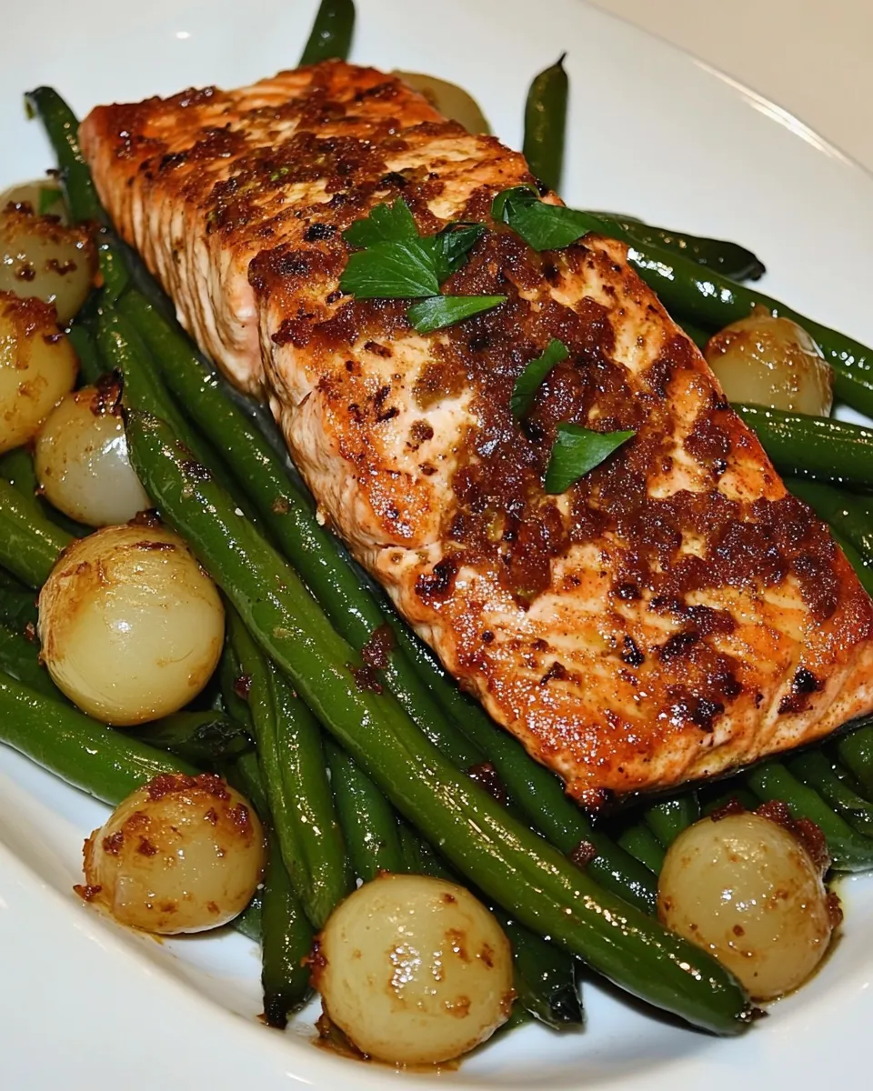 Delicious Green Beans with Pearl Onions and Salmon shot