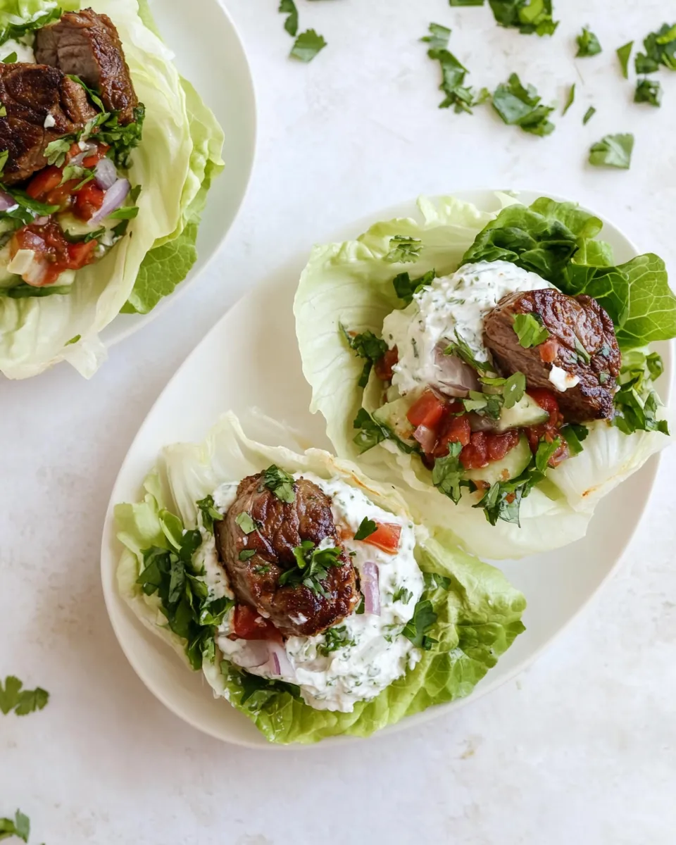 Fresh Lamb Slider Lettuce Wraps with Whipped Feta Spread. food shot