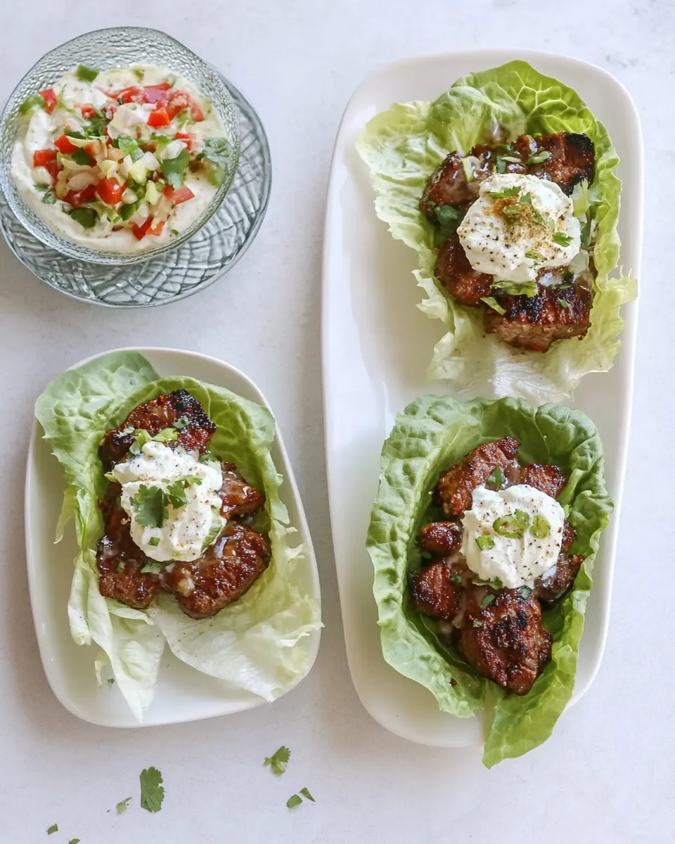 Tasty Lamb Slider Lettuce Wraps with Whipped Feta Spread. food shot