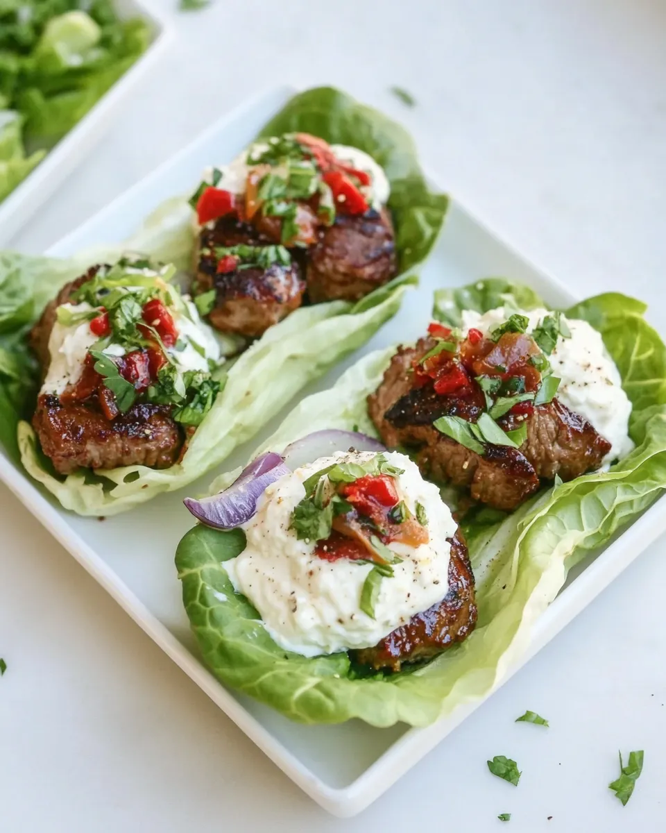 Savory Lamb Slider Lettuce Wraps with Whipped Feta Spread. shot