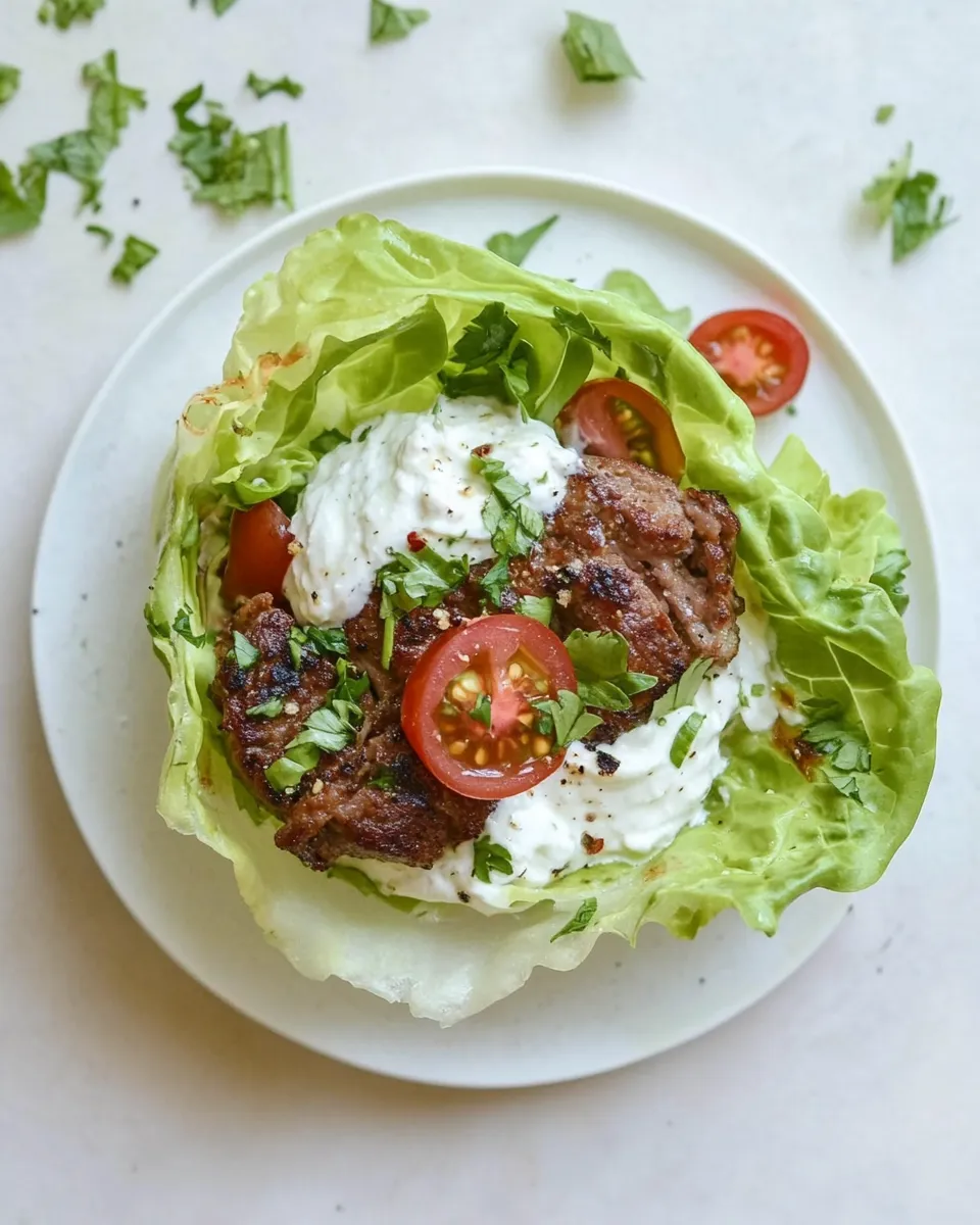 Fresh Lamb Slider Lettuce Wraps with Whipped Feta Spread. photo