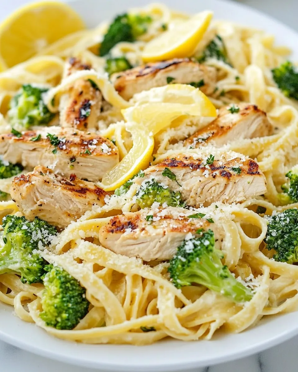 Delicious Lemon Fettuccine Alfredo with Grilled Chicken and Broccoli shot