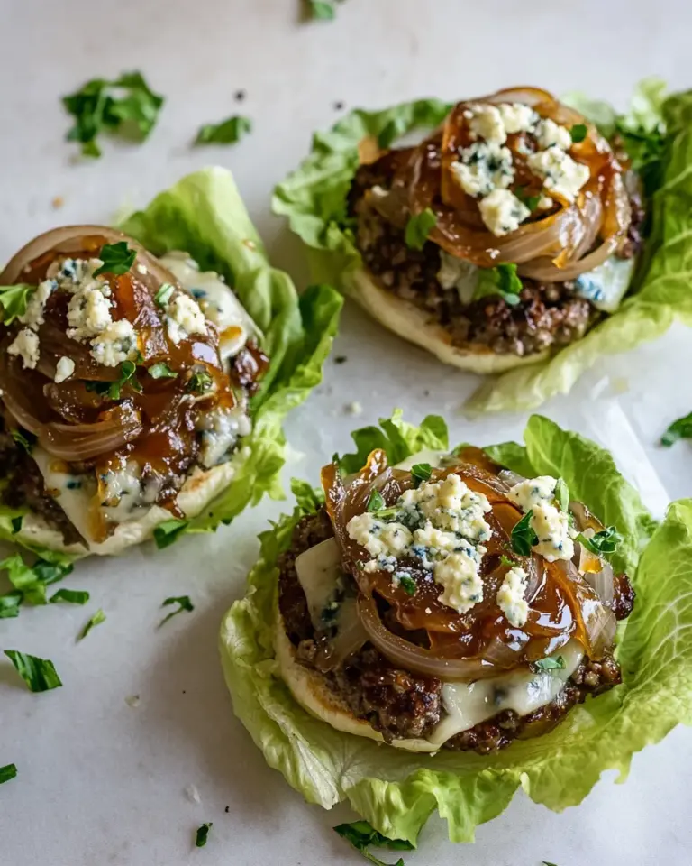 Ultimate Lettuce Wrap Blue CheeseBurgers with Caramelized Onions. shot