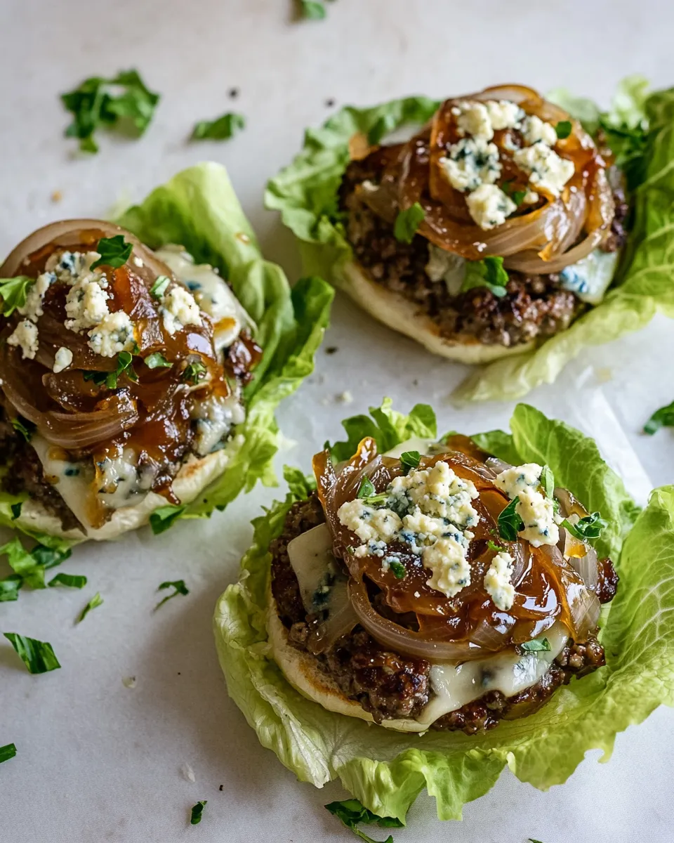 Ultimate Lettuce Wrap Blue CheeseBurgers with Caramelized Onions. shot