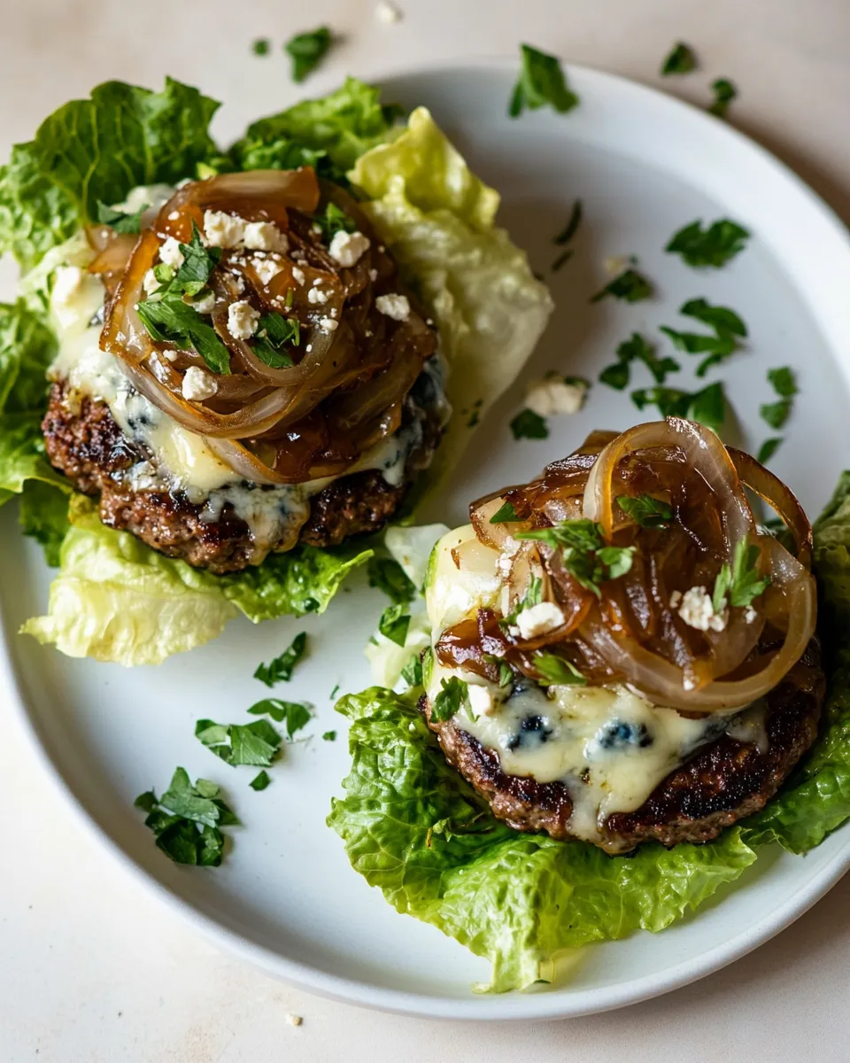 Simple Lettuce Wrap Blue CheeseBurgers with Caramelized Onions. image