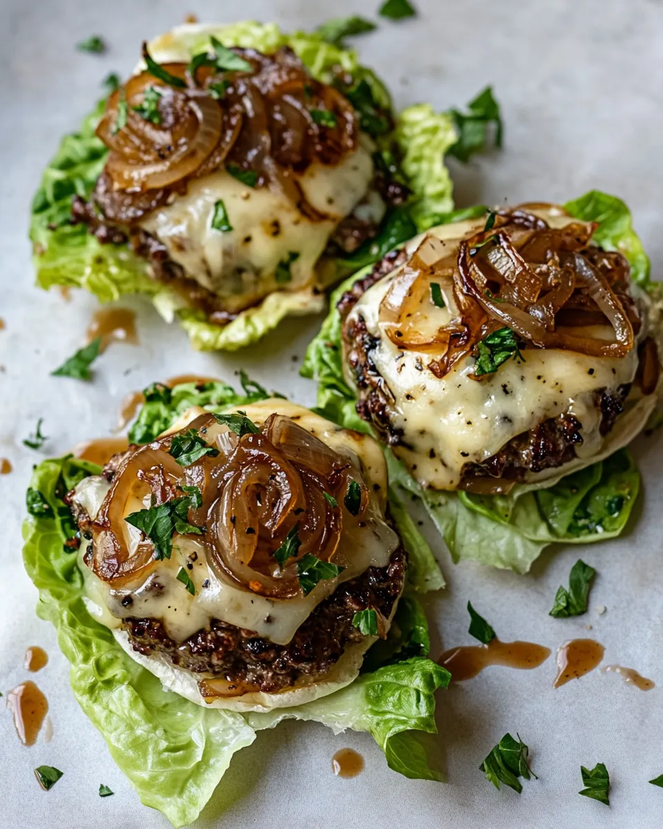 Best Lettuce Wrap Blue CheeseBurgers with Caramelized Onions. shot